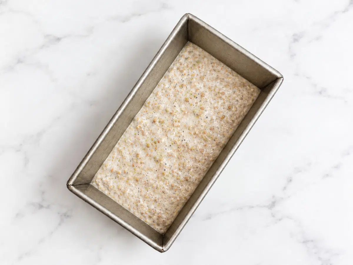 1-ingredient buckwheat bread batter in a loaf pan