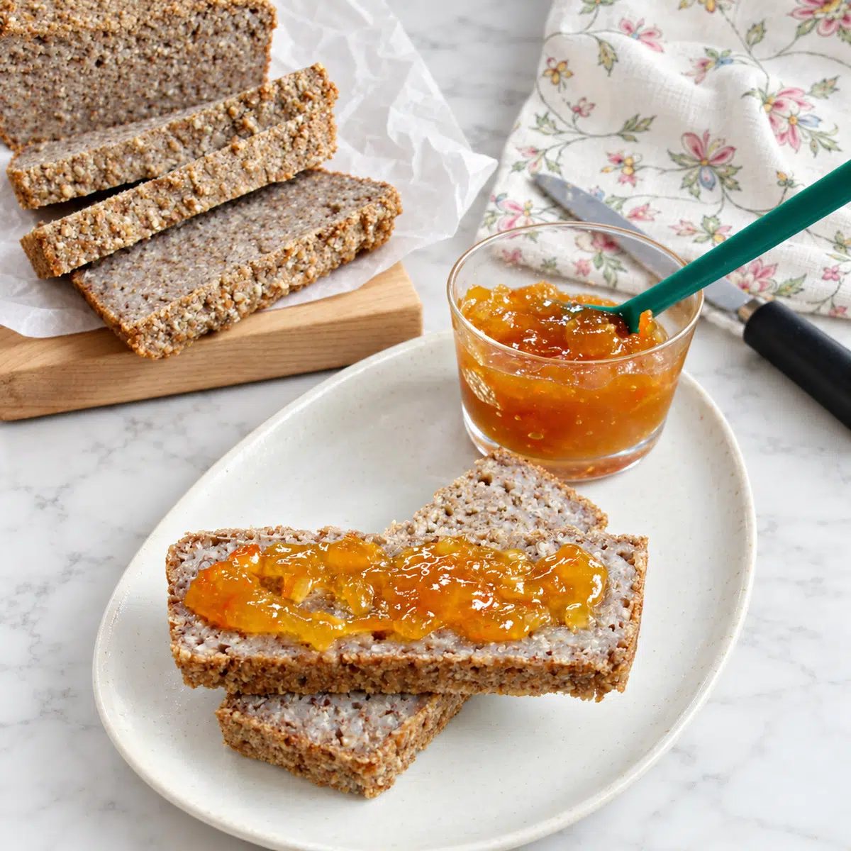 1-ingredient buckwheat bread sliced and spread with jam