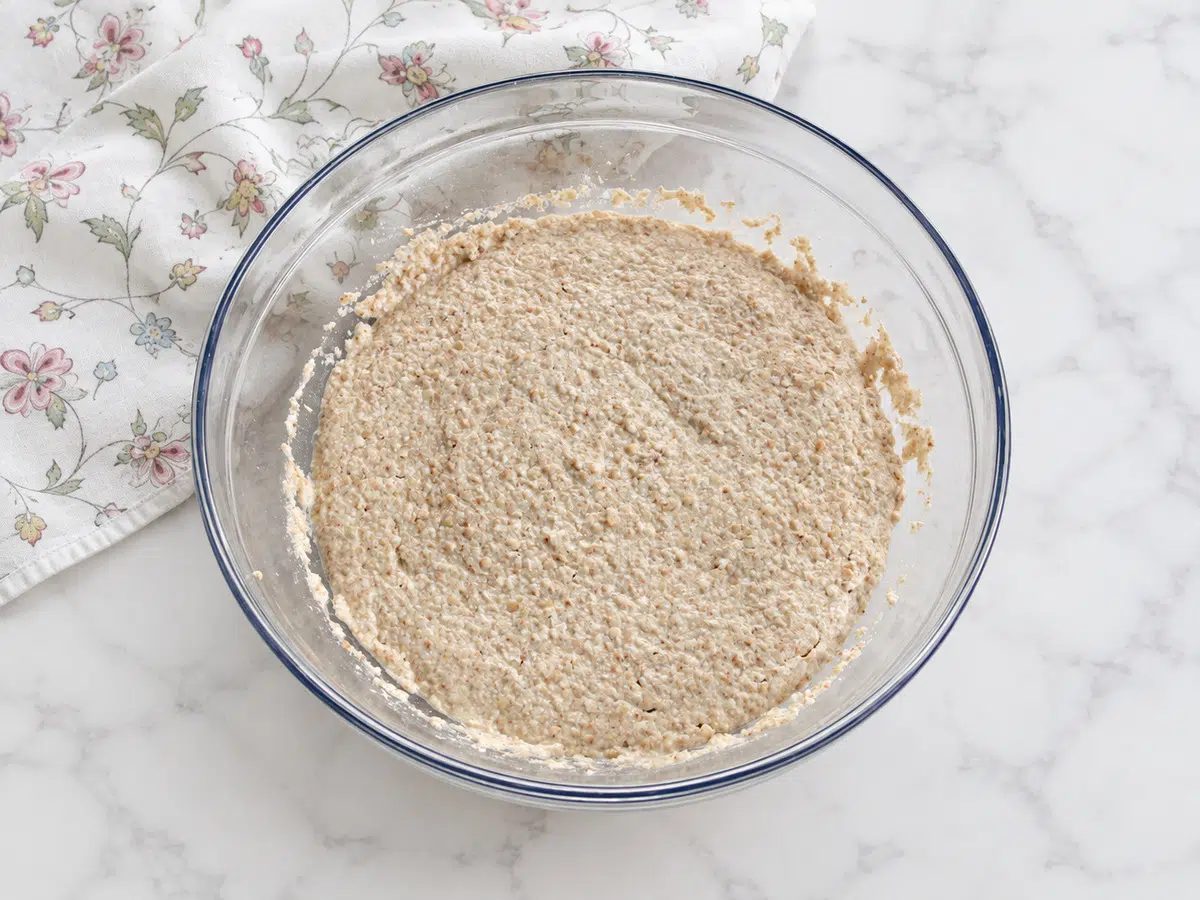 1-ingredient buckwheat bread resting in a large glass bowl