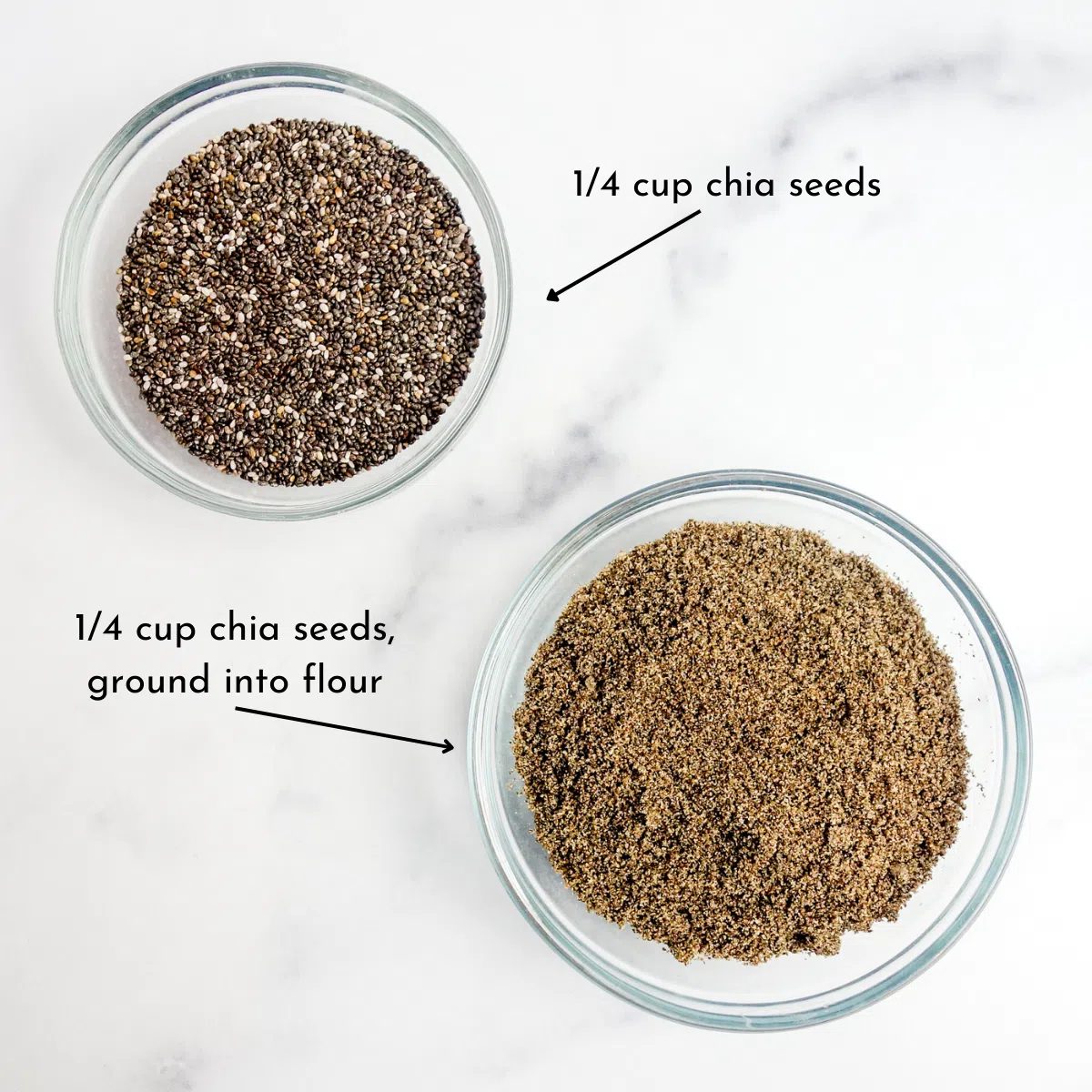two bowls, one filled with chia seeds, one with chia flour