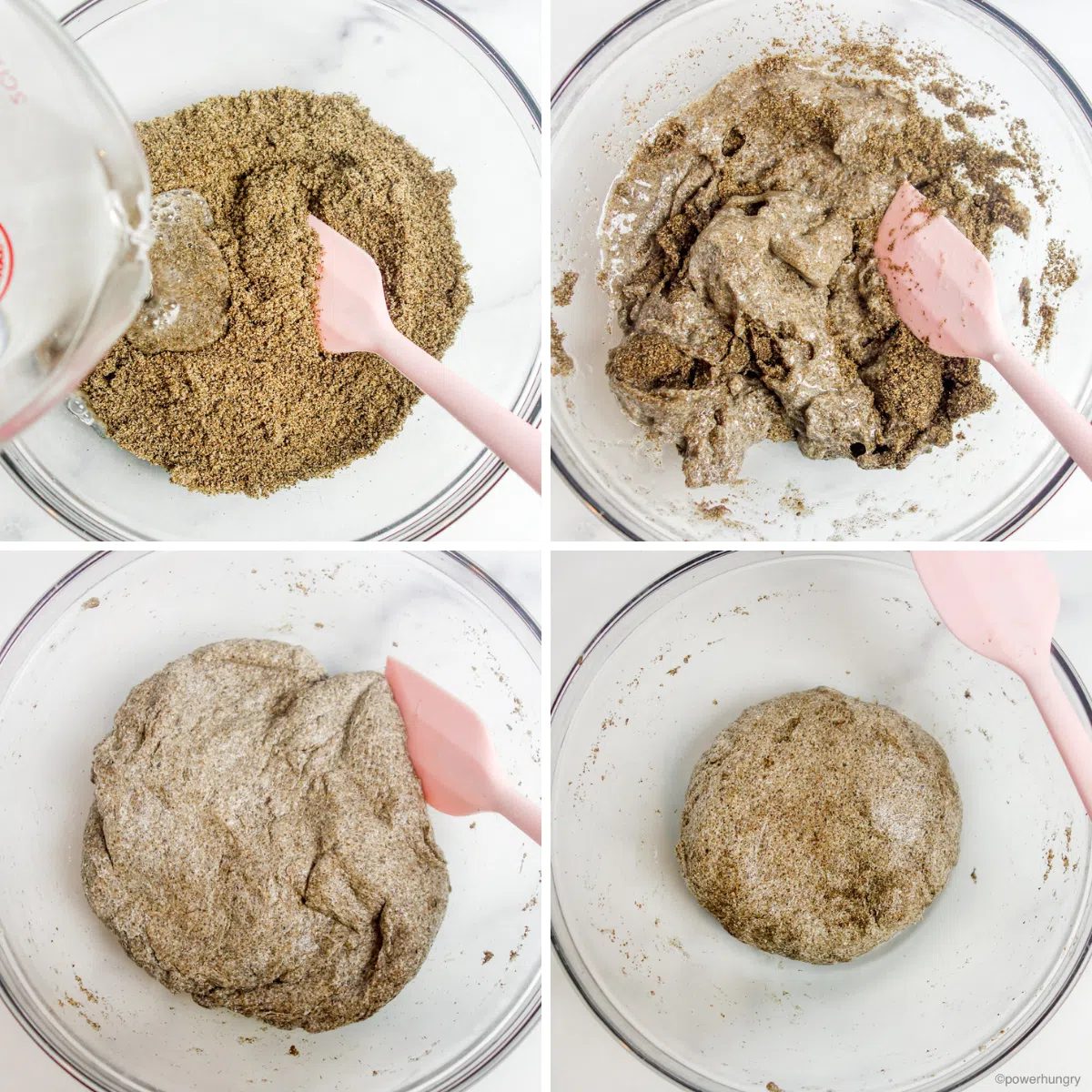 4 photo collage showing how to mix the dough for chia seed flatbreads