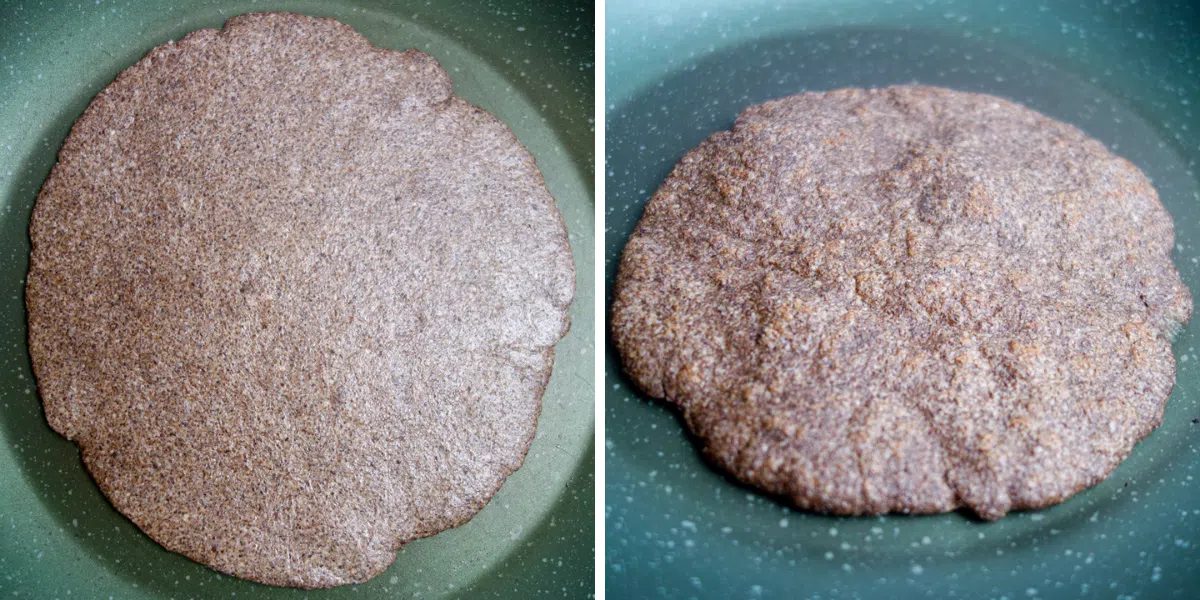 2 photo collage showing how chia flatbreads are cooked