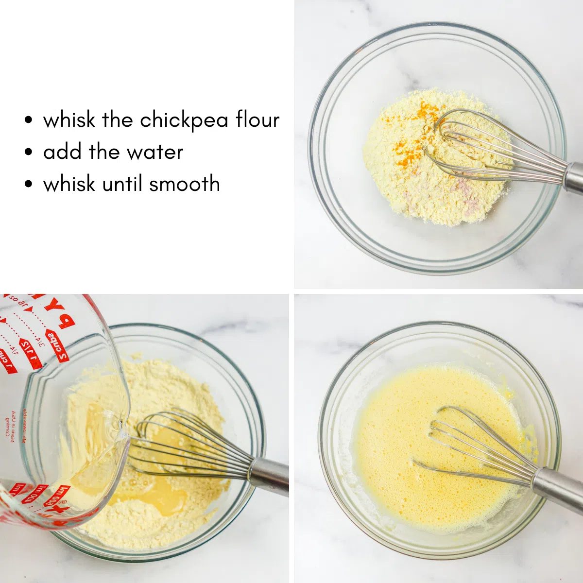 3 photo collage of how to make chickpea flour egg scramble