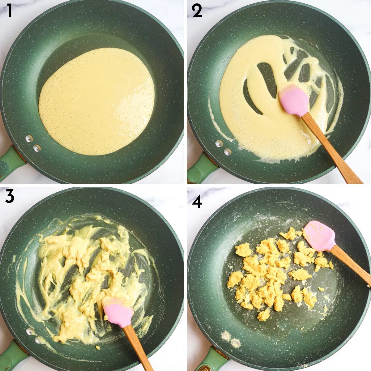 4 photo collage showing how to make chickpea flour vegan scramble
