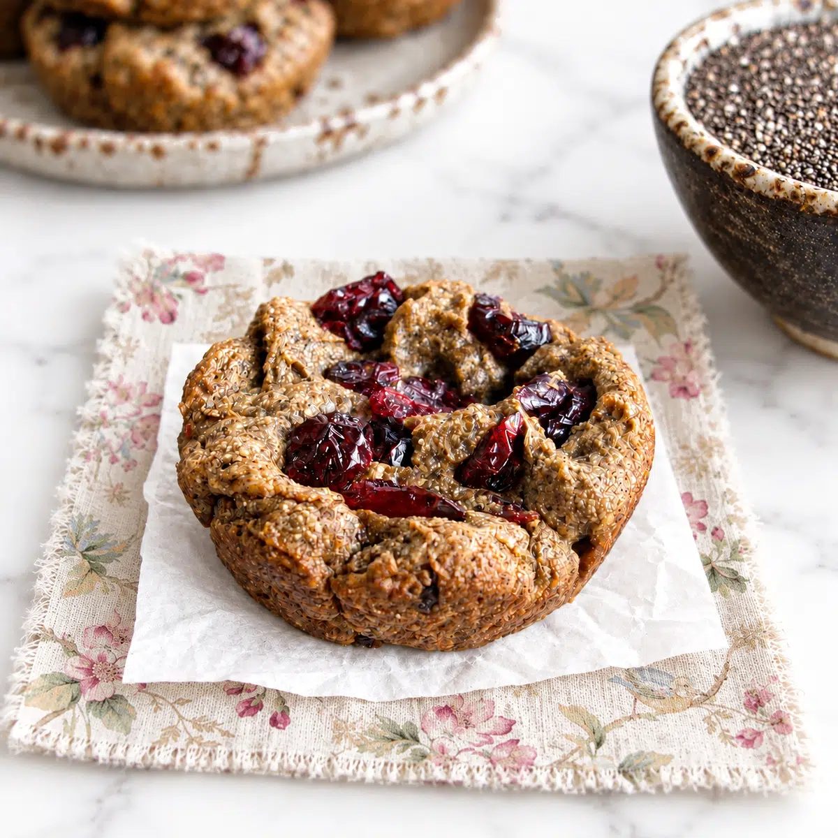 a single chia seed cookie on a plate, hero image