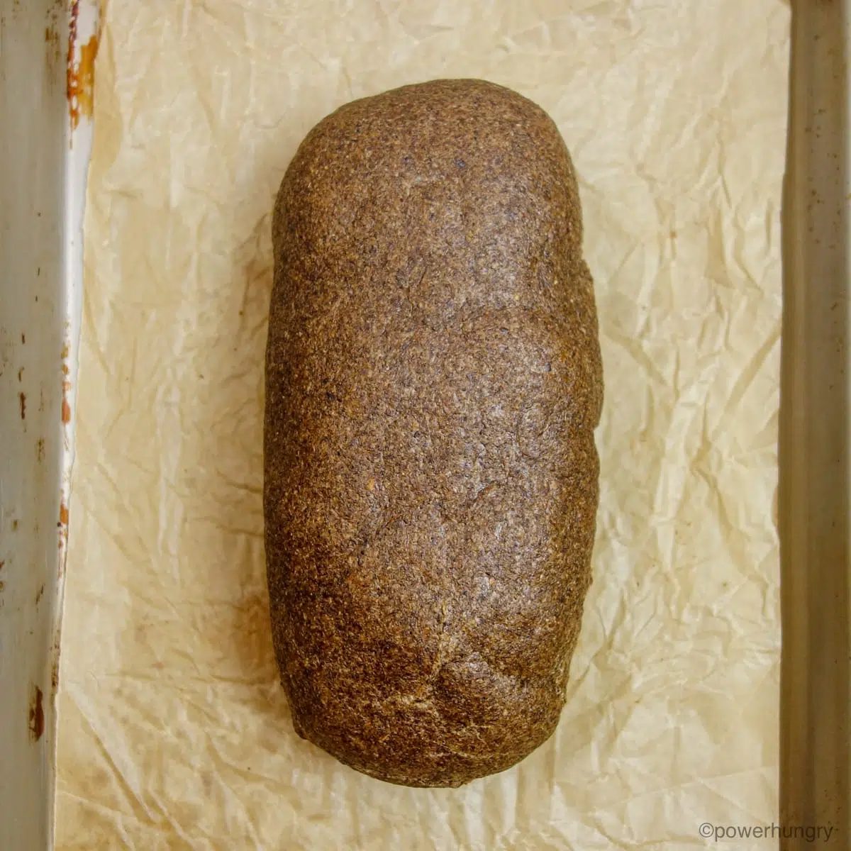 bake loaf of 100% chia firm sandwich bread on a baking sheet