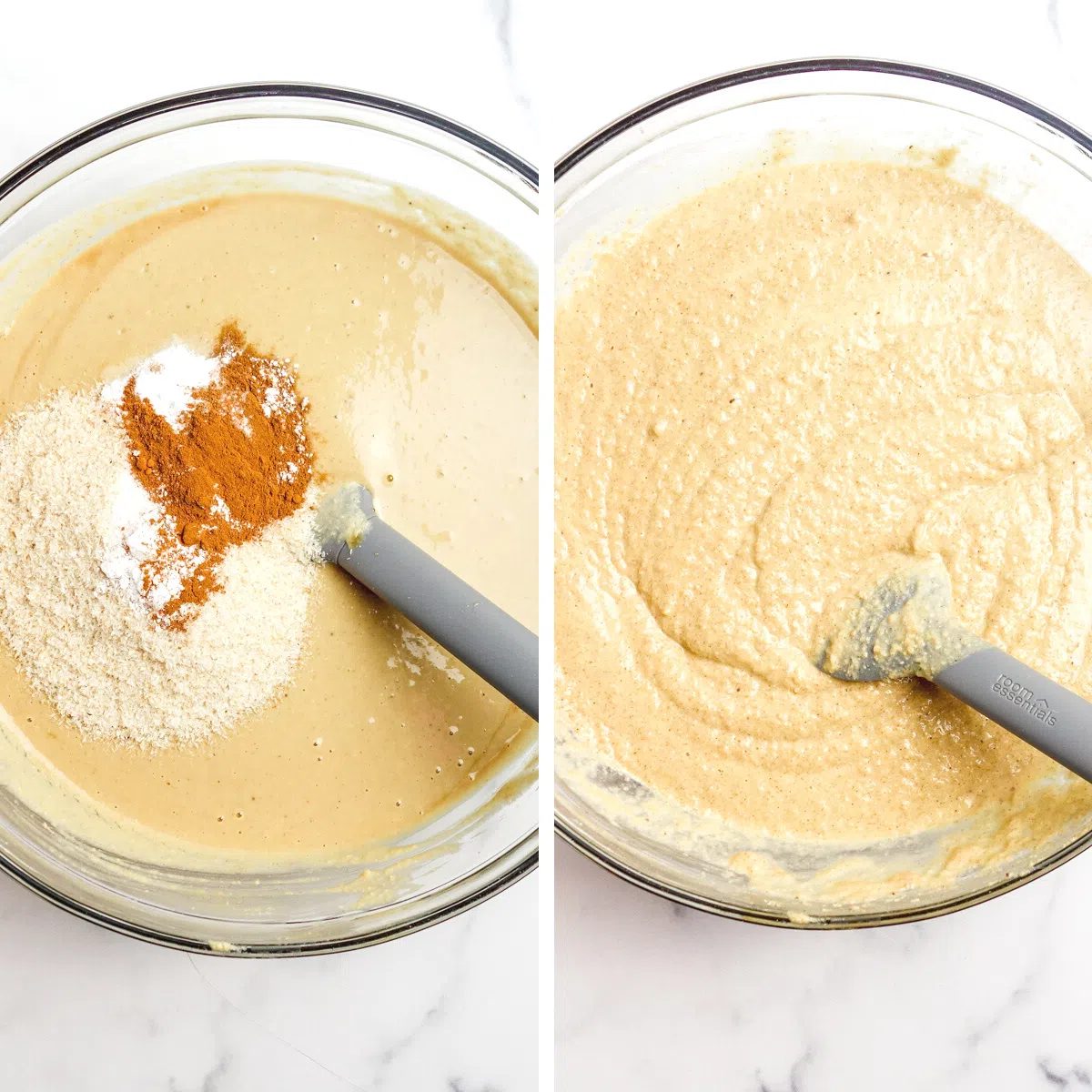 two photo collage showing how the dry ingredients and psyllium husks being added to the millet banana bread batter