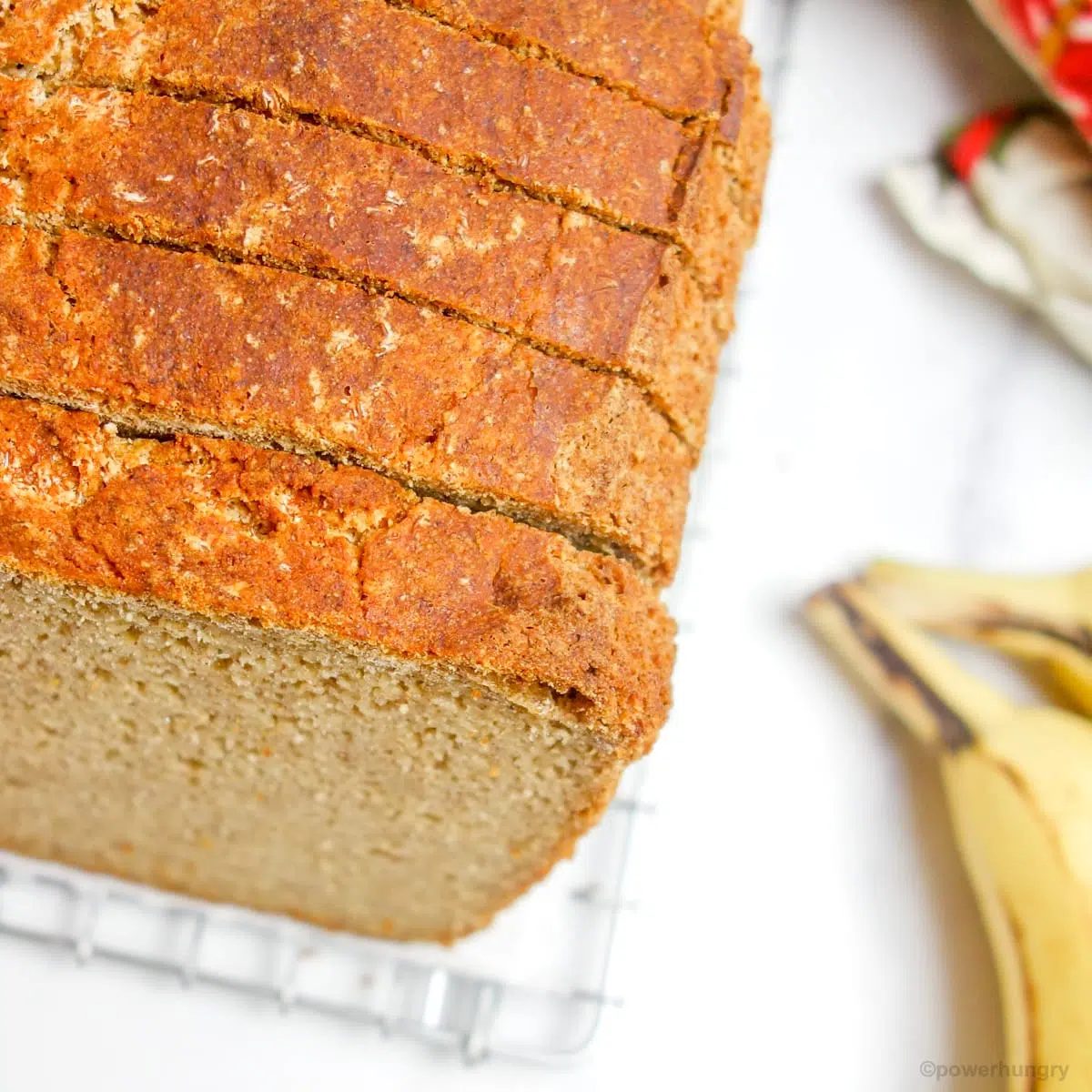 close up of millet banana bread, sliced