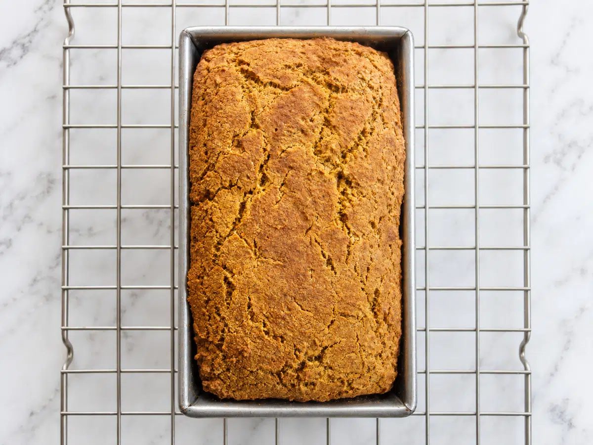 millet pumpkin bread on cooling rack, baked