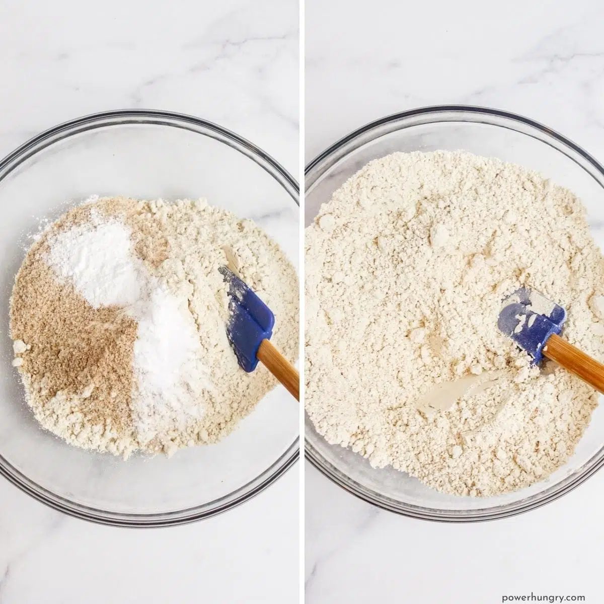 two photo collage showing the whisking of dry ingredients for bread