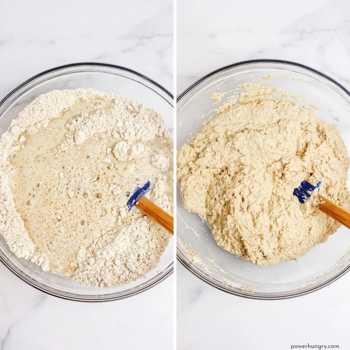 two photo collage showing the mixing of dry and wet ingredients for sorghum bread dough