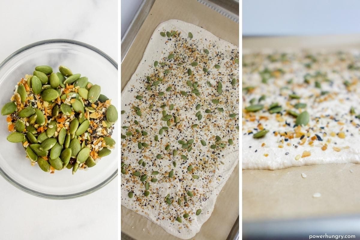 3 photo collage showing toppings for amaranth flatbread