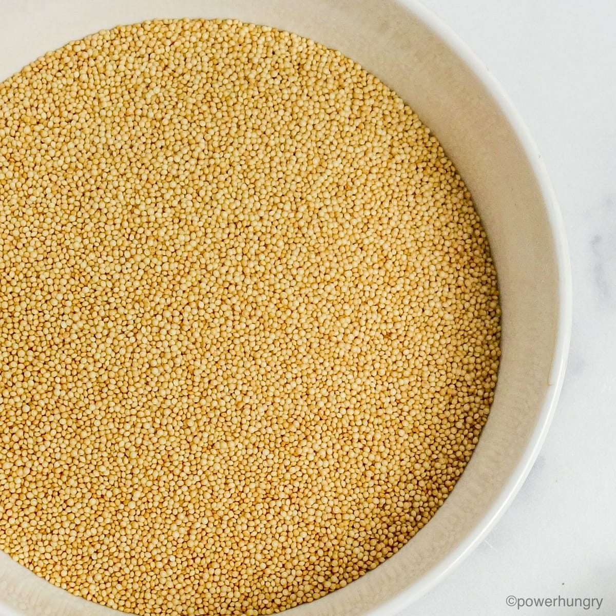 close up of a white bowl filled with raw amaranth grain