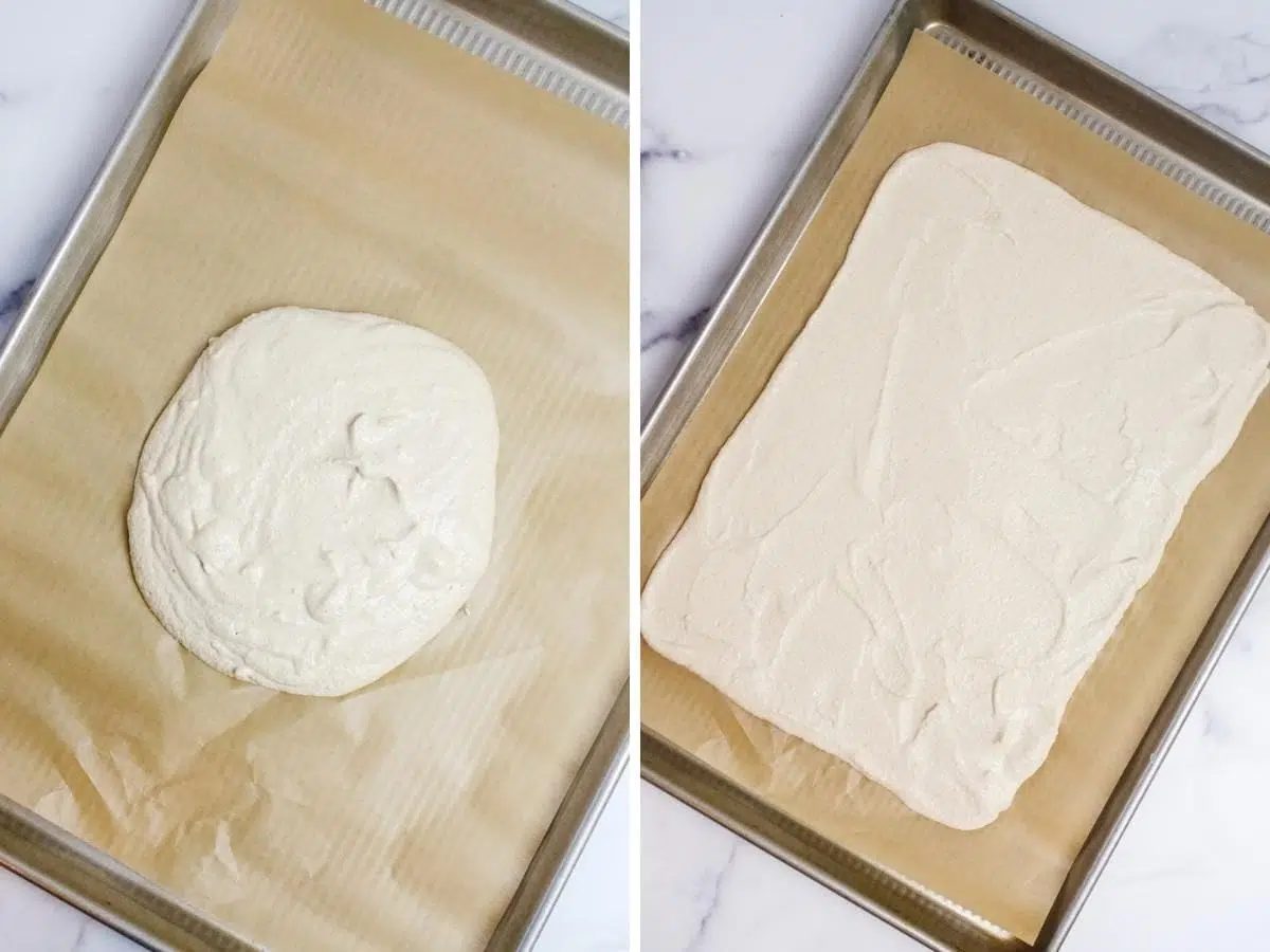 2 photo collage showing amaranth flatbread batter spread onto a parchment paper-lined baking sheet