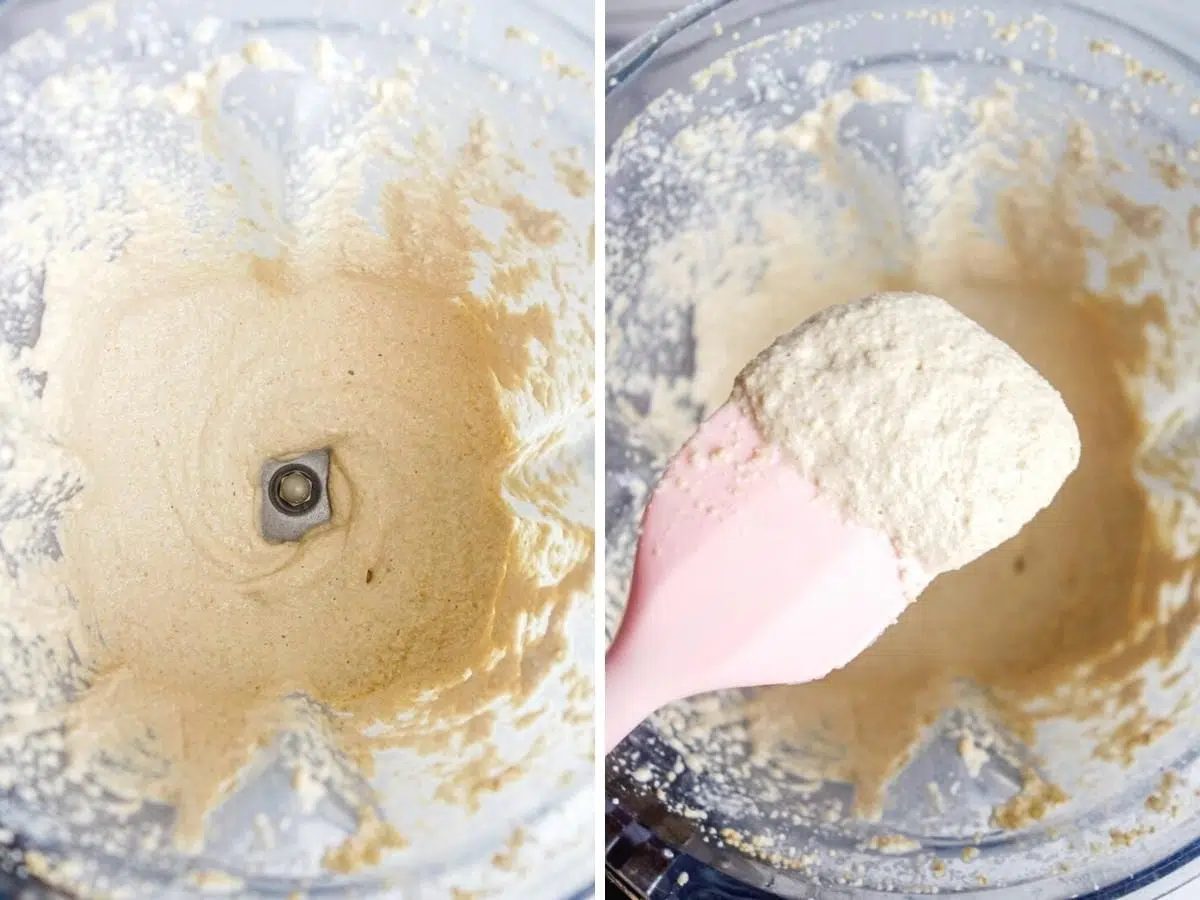 2 photo collage showing amaranth and water broken down into a mostly smooth flatbread batter.