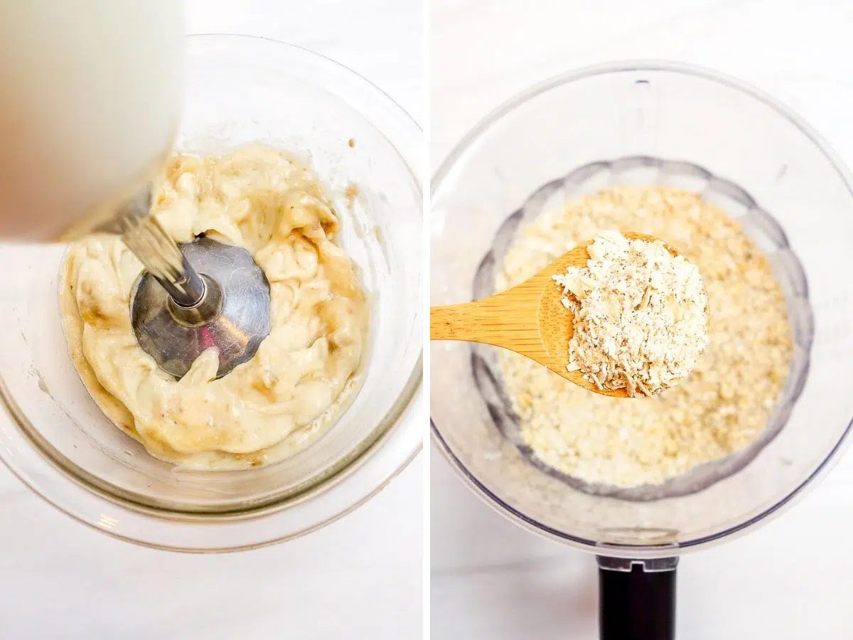 two photo collage showing how to prep the bananas and oats for the recipe