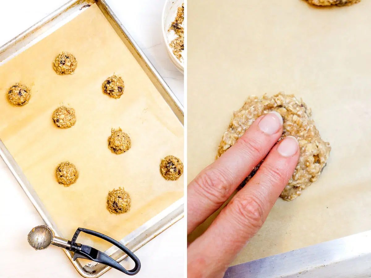 portioning of 2 ingredient oatmeal cookie dough on parchment lined baking sheet