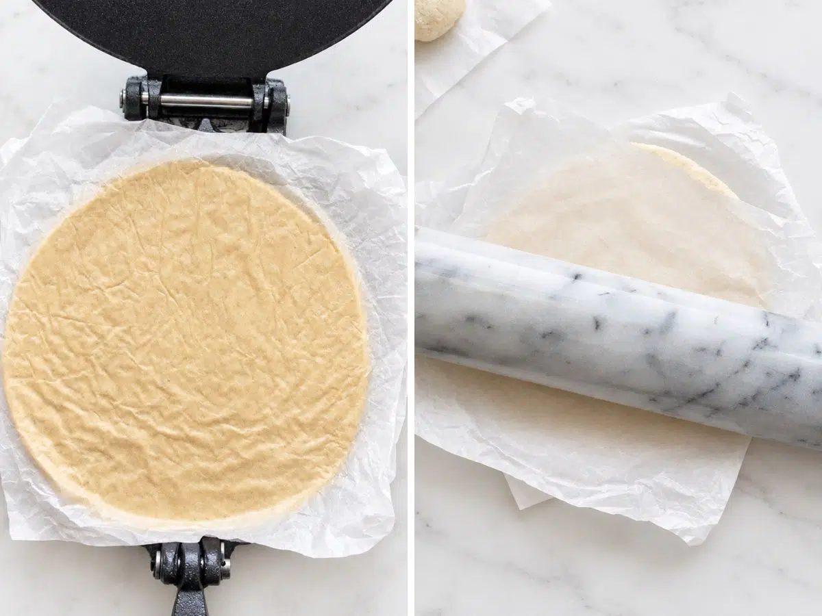 cassava flour tortillas dough pressed with a tortilla press and a rolling pin