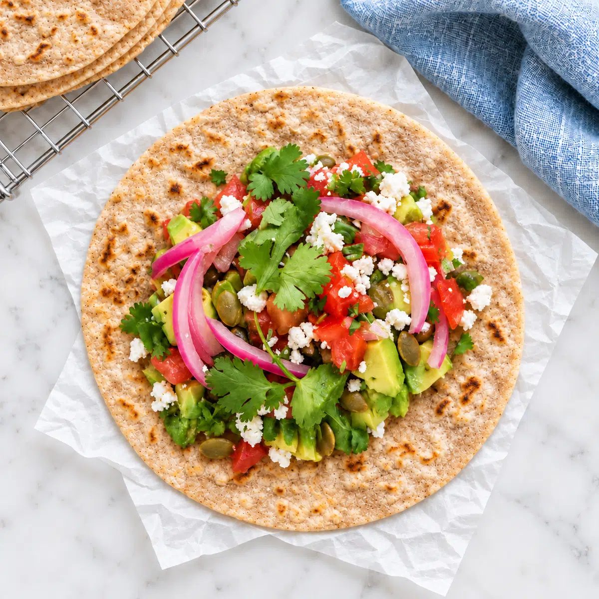 cassava flour tortilla with avocado and toppings