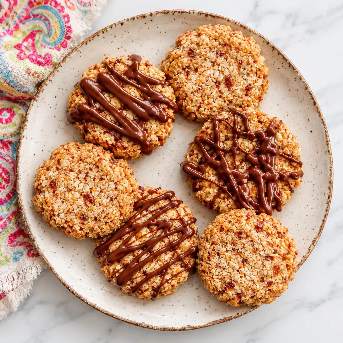 coconut date cookies on plate, some drizzled with chocolate