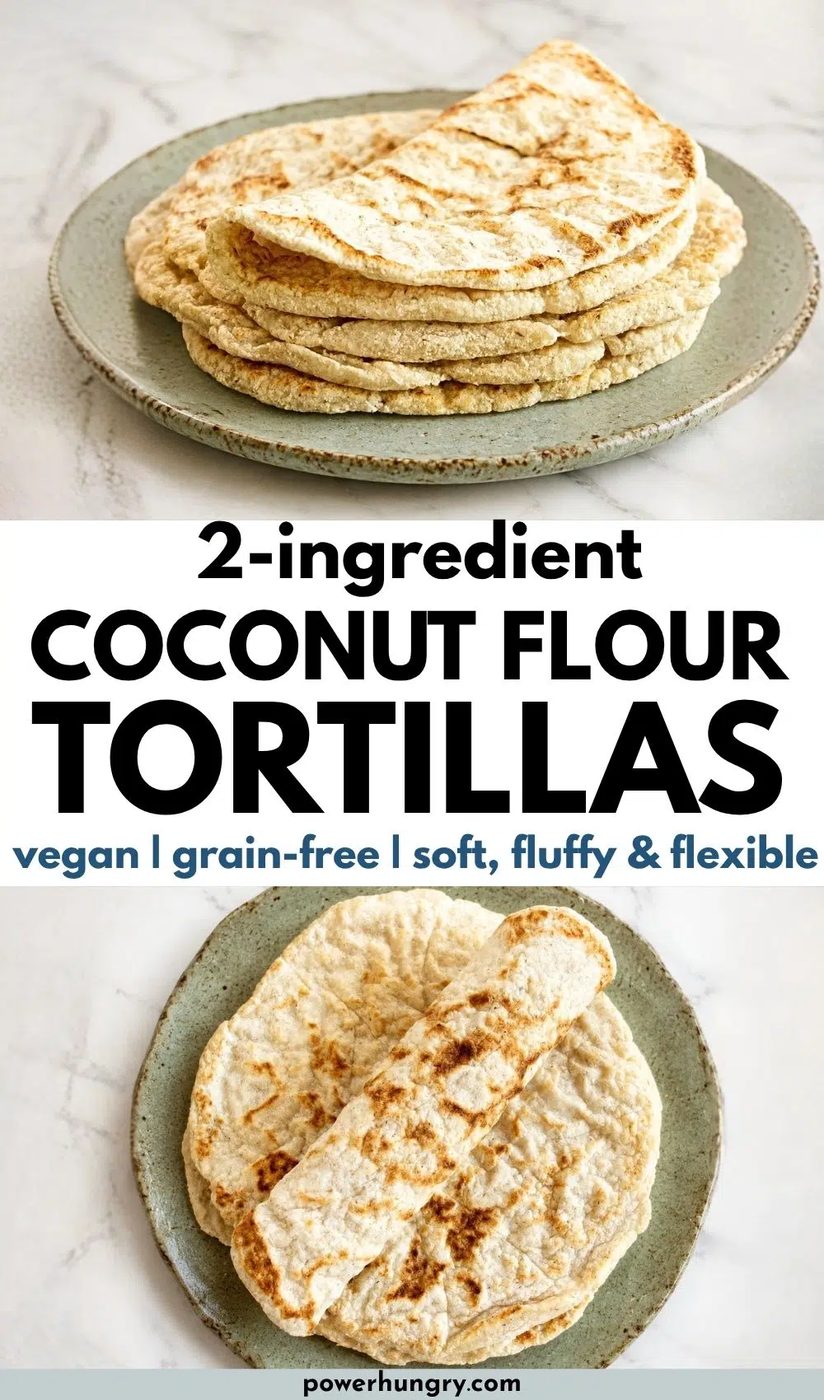2 photo collage of 2 ingredient coconut flour tortillas