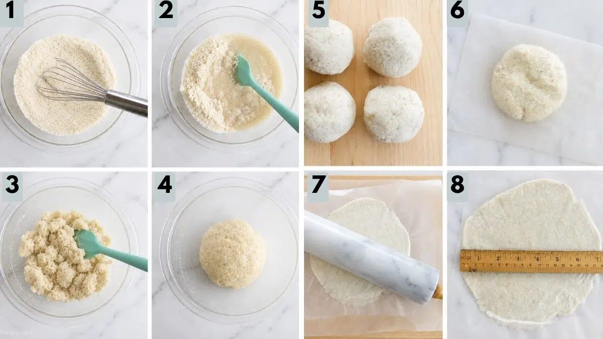 steps photo collage showing how to make coconut flour tortilla dough