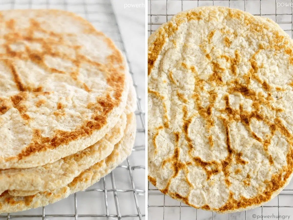 2 photo collage showing 2-ingredient coconut flour tortillas on a wire cooling rack