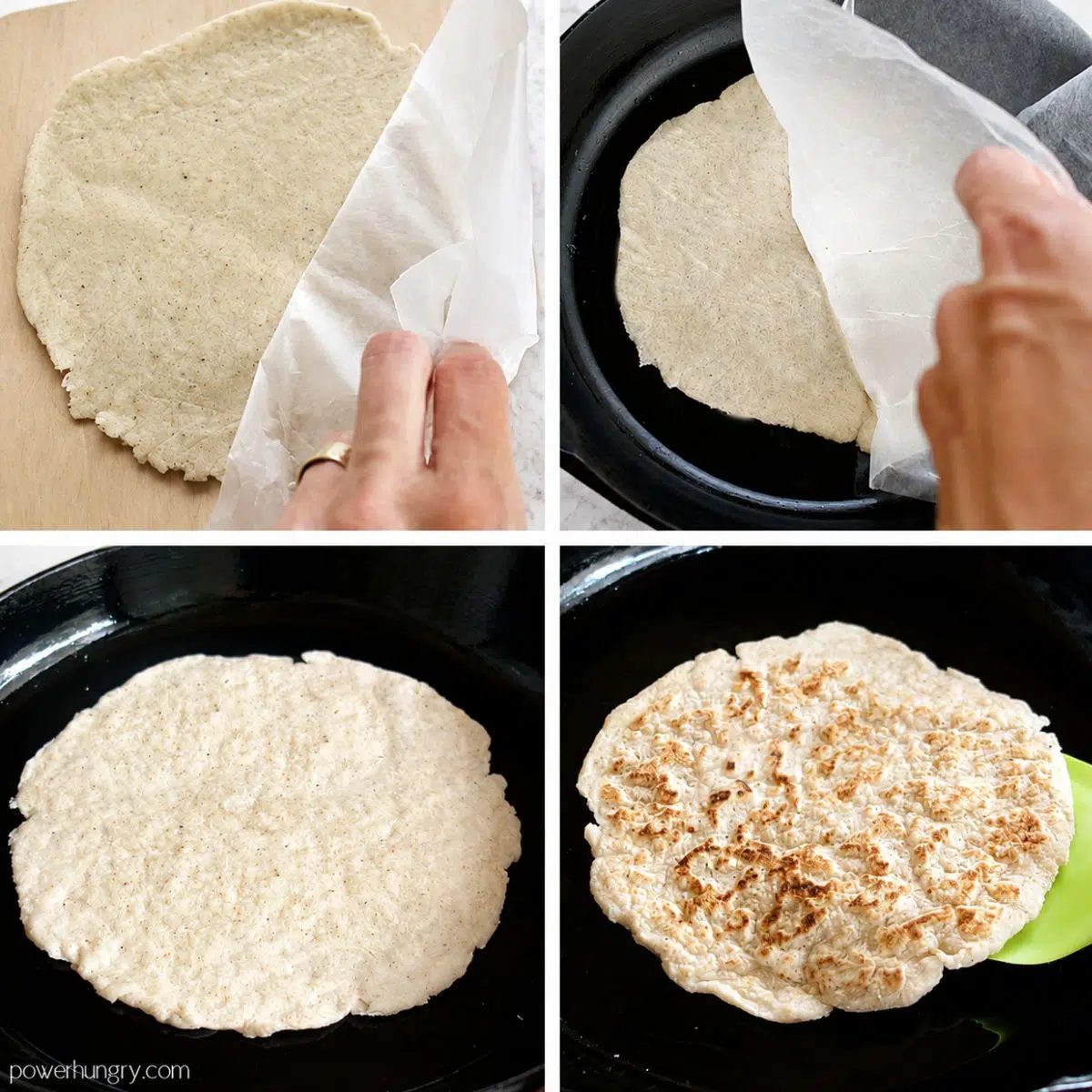 4 photo collage showing how to cook coconut flour tortillas in a skillet