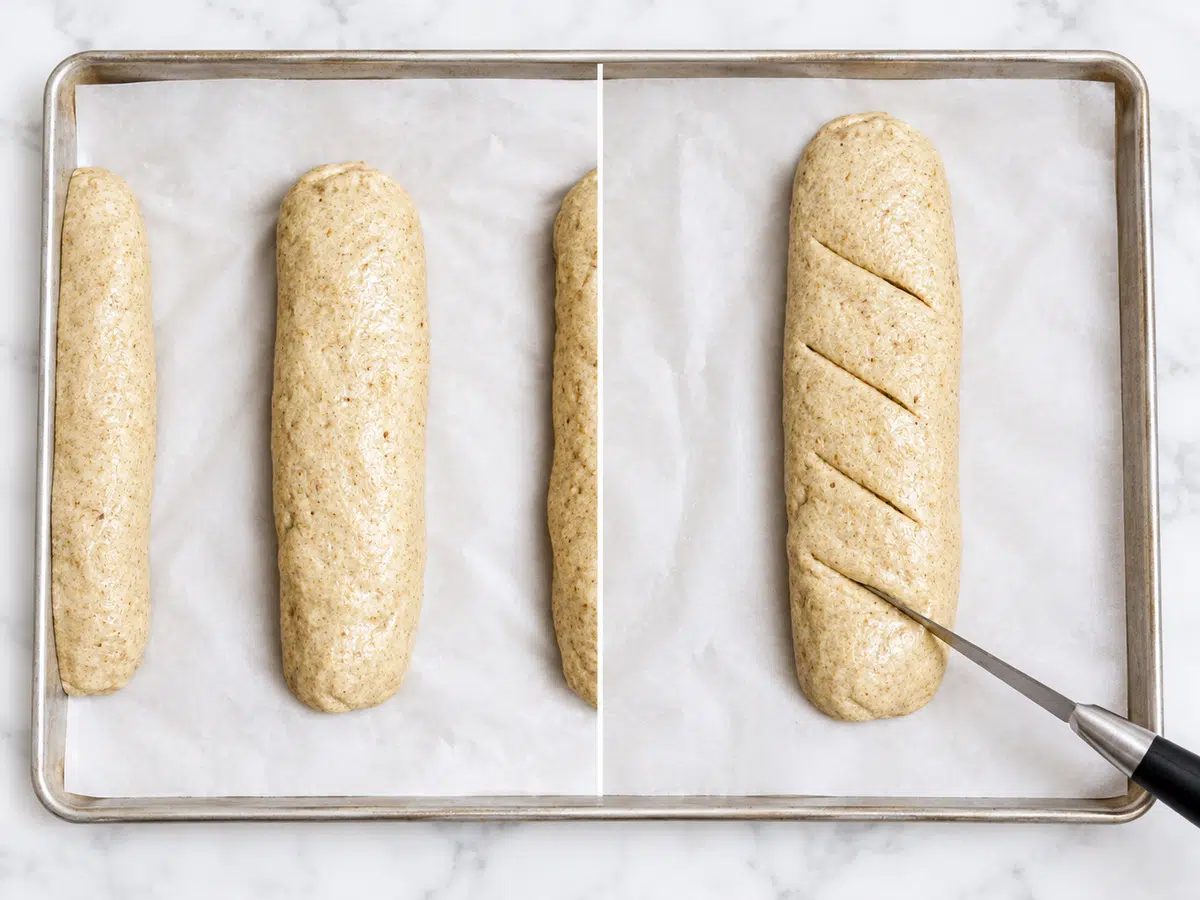 shaped and slashed loaves for flaxseed bread
