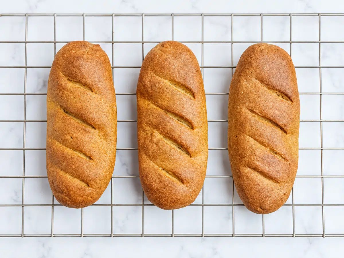 cooling loaves of flaxseed bread