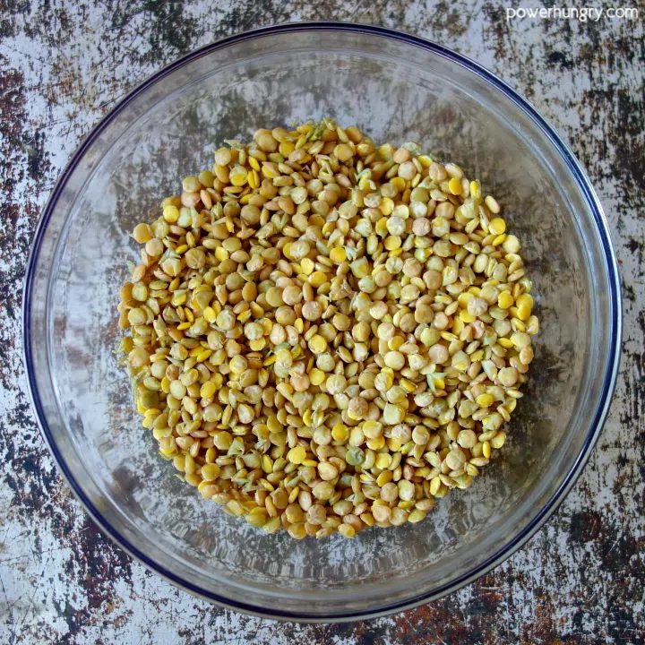 Lentils that have been fast-soaked in boling water in preparation for making lentil flax bread