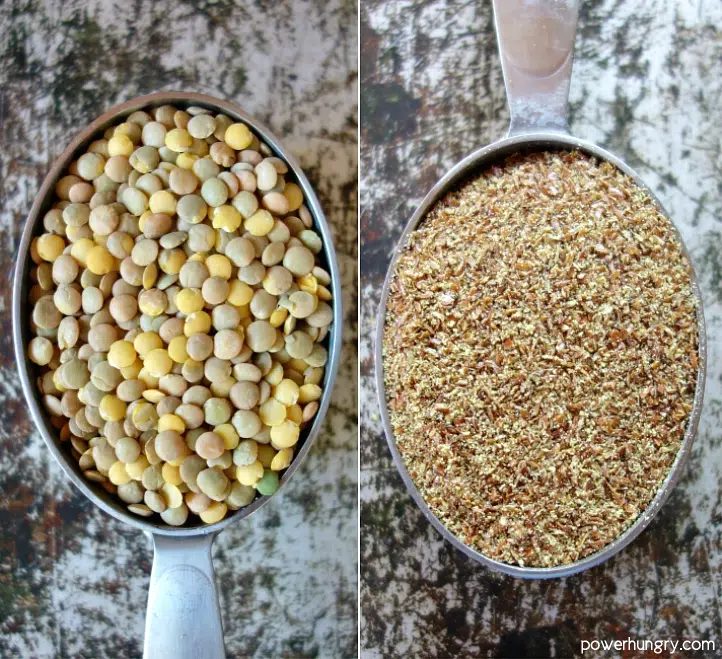 overhead photo of lentils and flaxseed meal for the lentil flax bread
