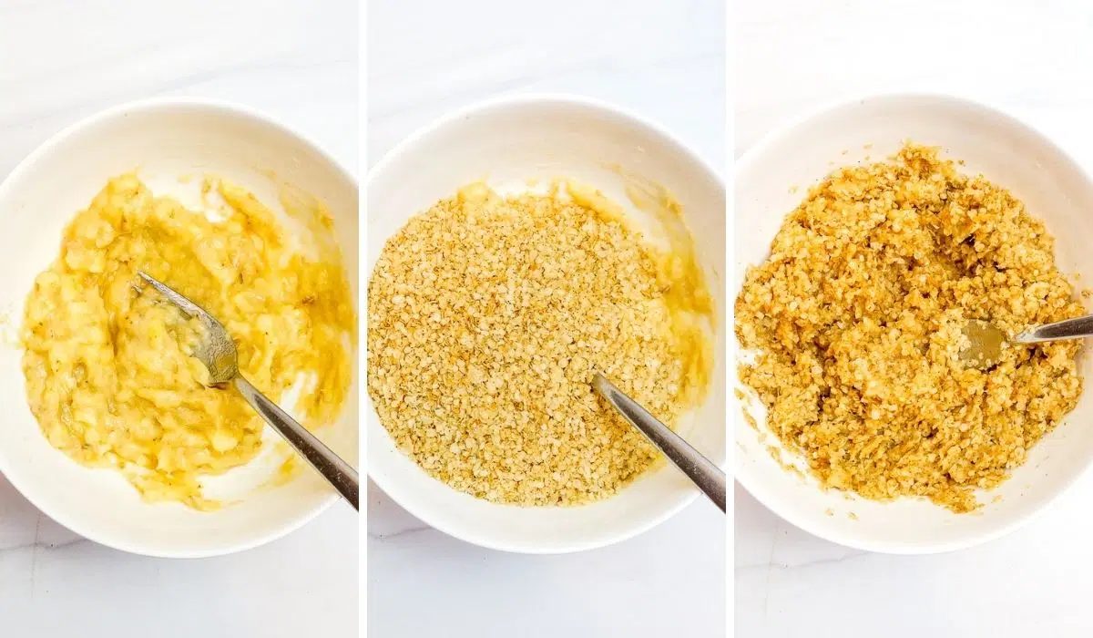 3 photo collage showing how to make banana millet cookie dough