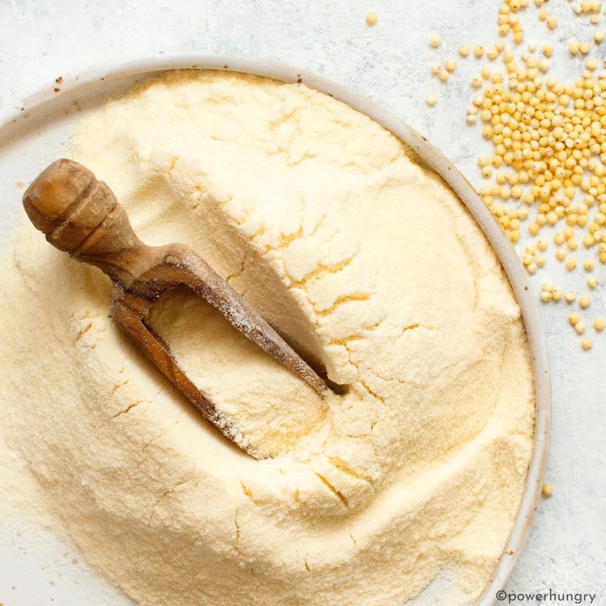 dish filled with millet flour and wooden scoop, with whole millet on the side