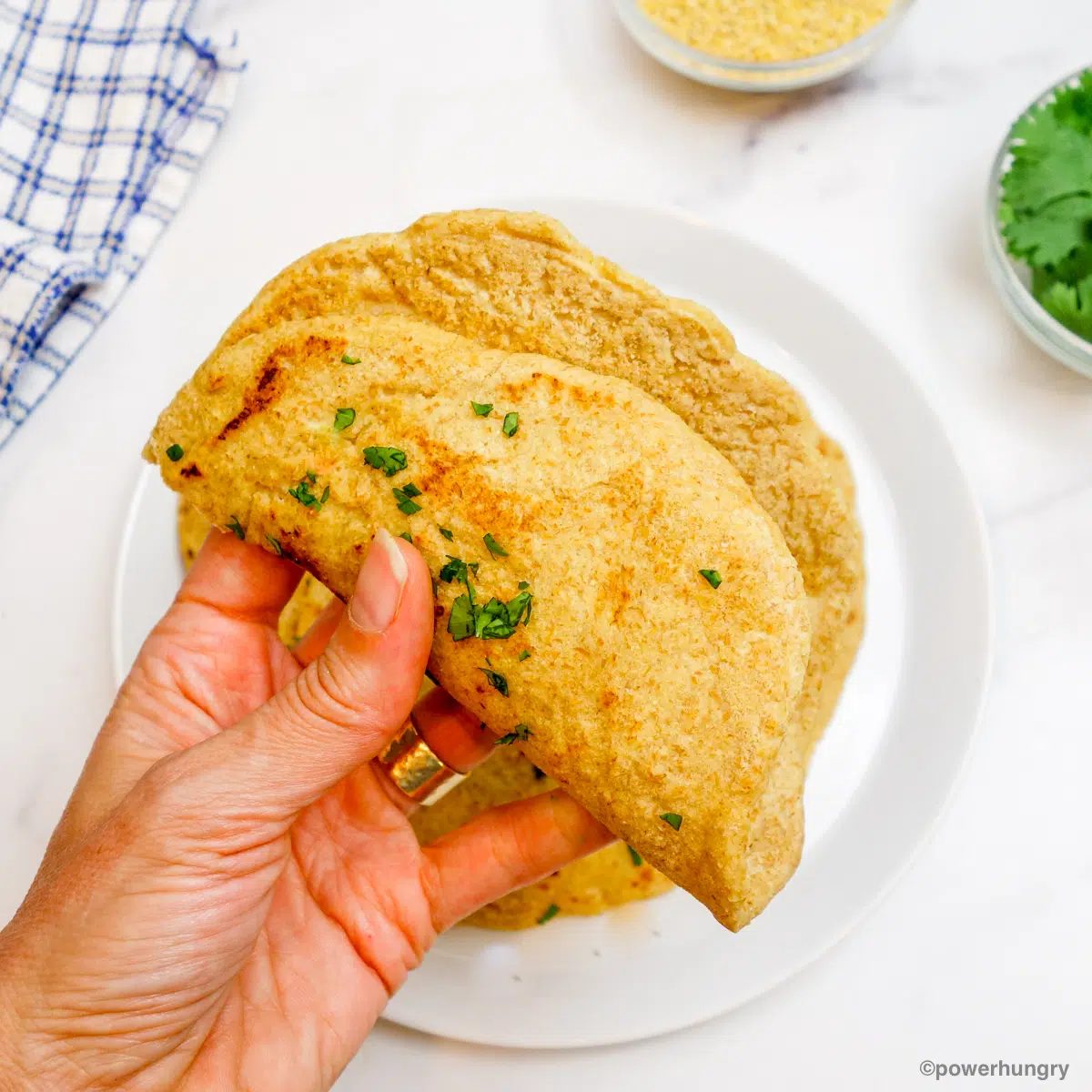 a hand holding a folded millet naan