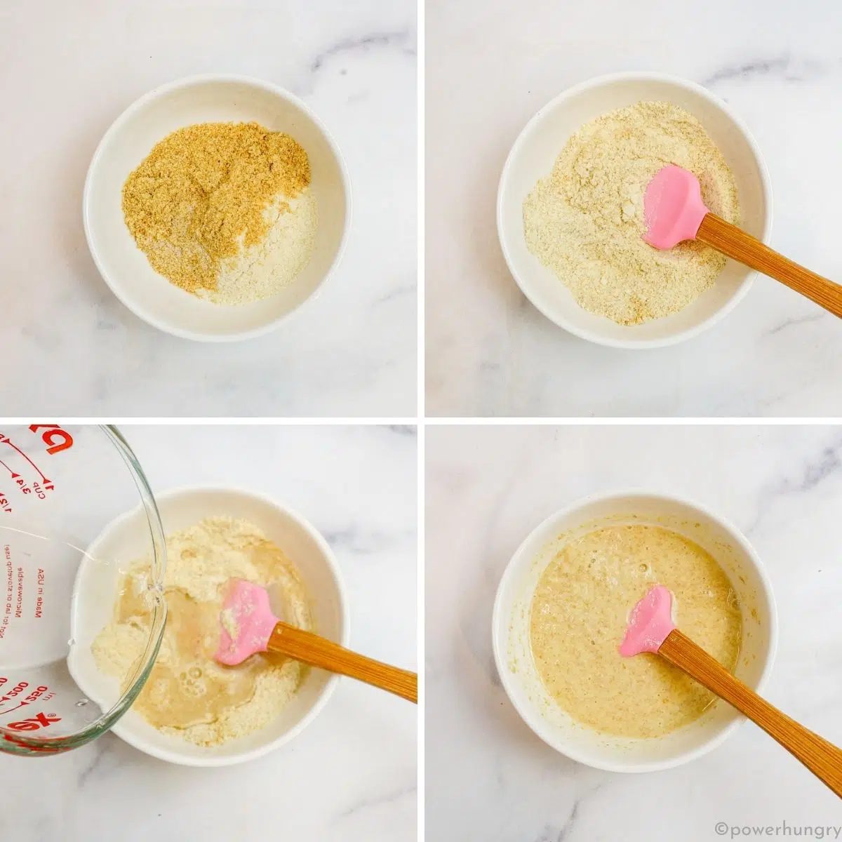 4 photo collage showing how to mix millet naan batter