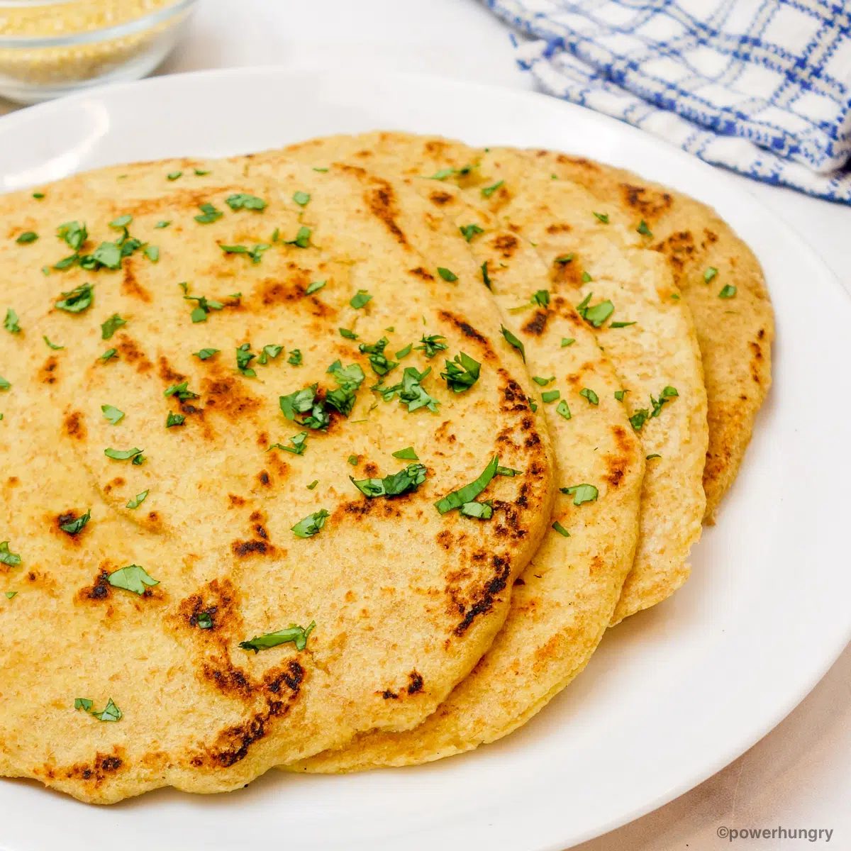 close up of millet naan on a white plate