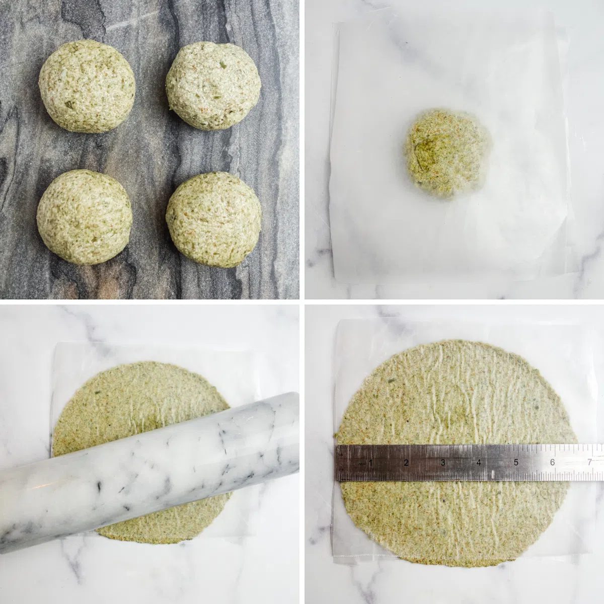 4 photo collage showing how to shape pepita tortilla dough into tortillas