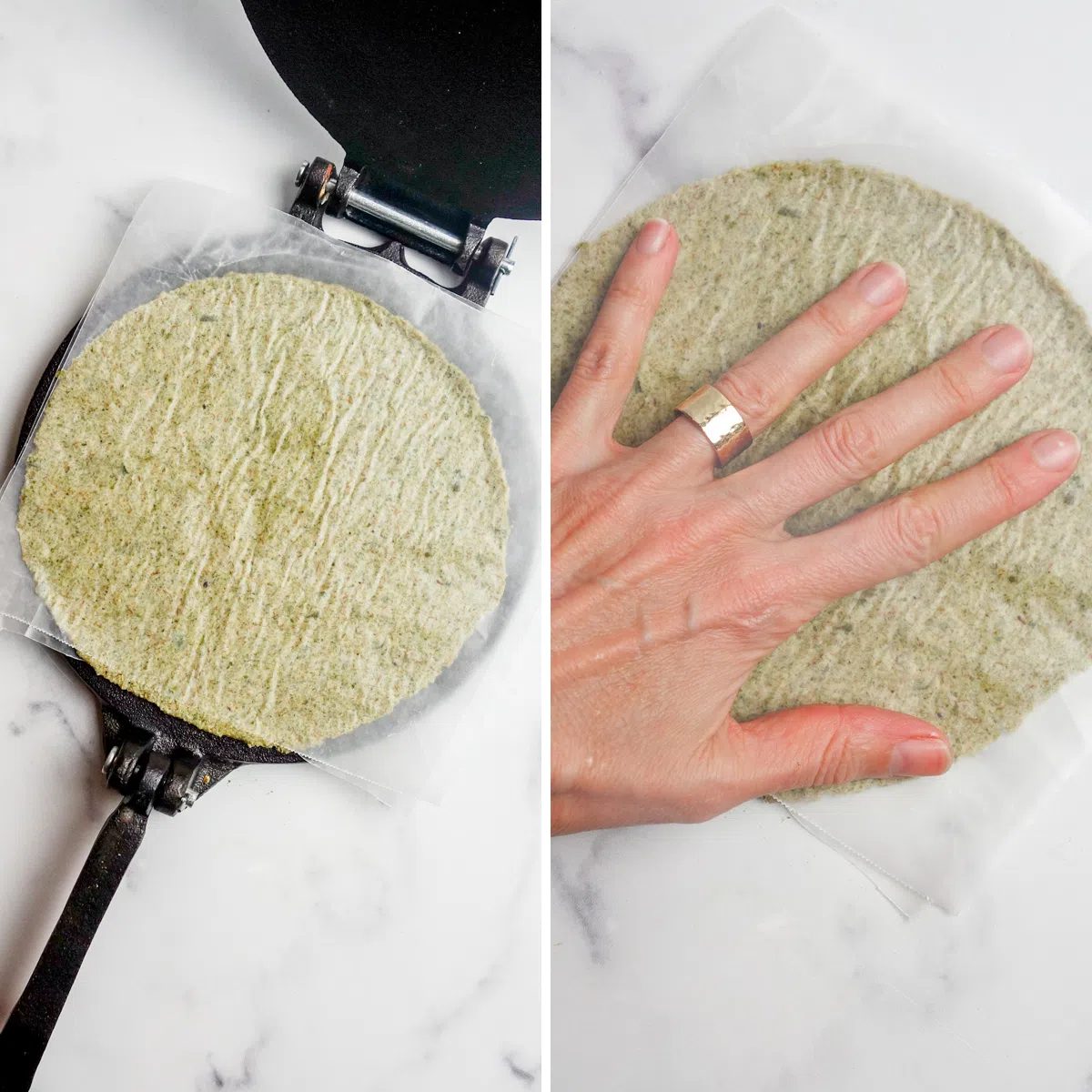 a 2 photo collage showing different ways to press a tortillas
