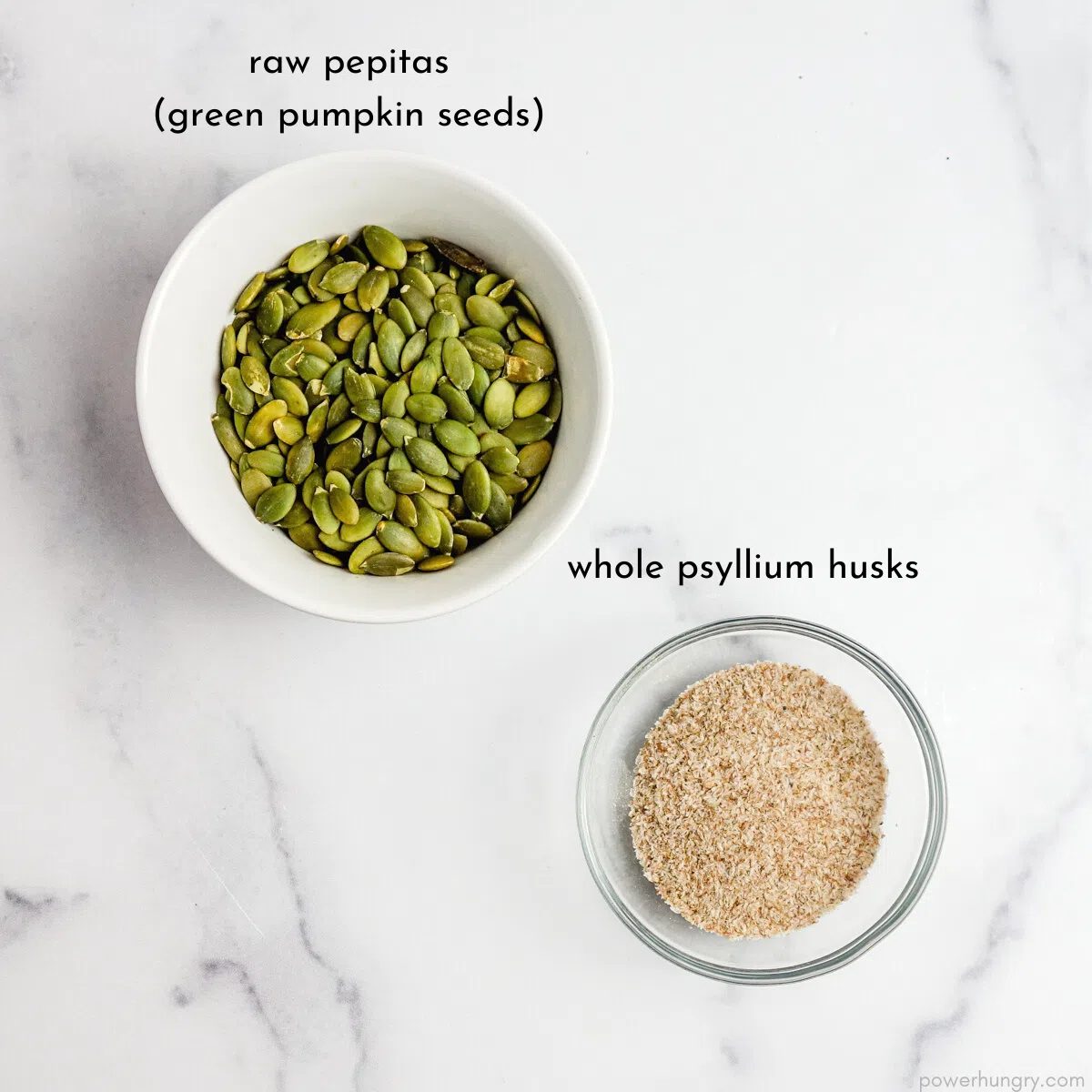2 glass bowls, one filled with pepitas, one filled with whole psyllium husks