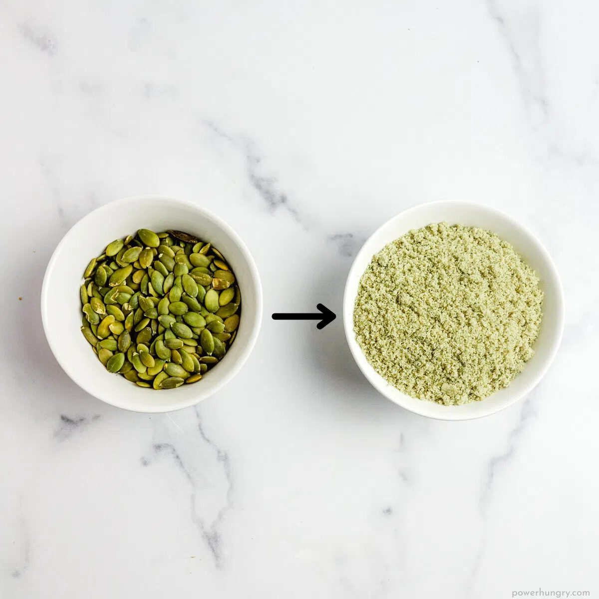 two white bowls, one filled with whole pepitas and the other filled with pepita flour
