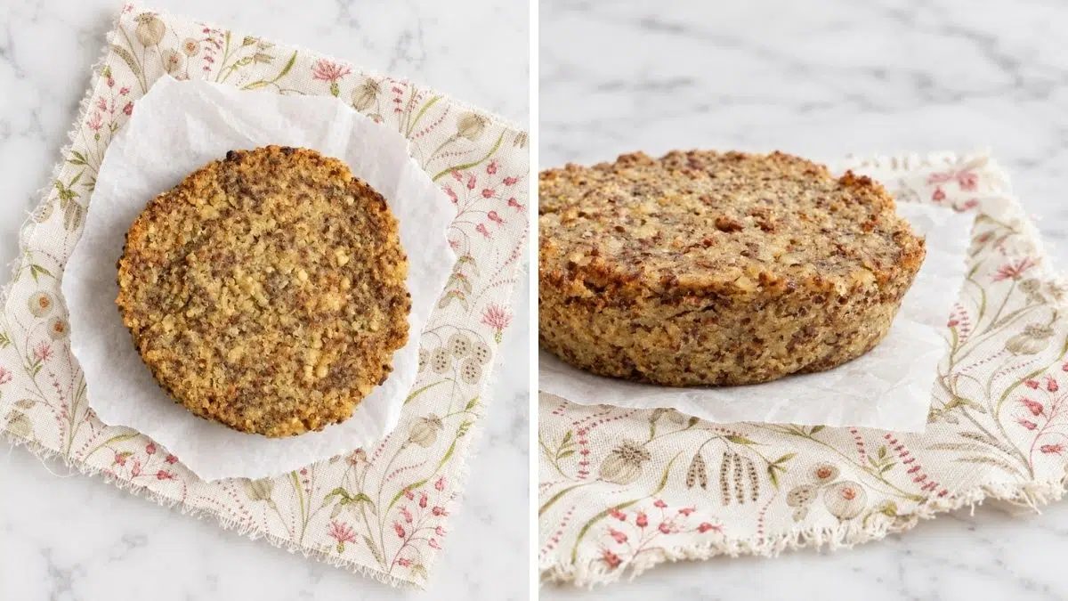 2 photo collage of quinoa flax mini bread, one overhead image and one side view
