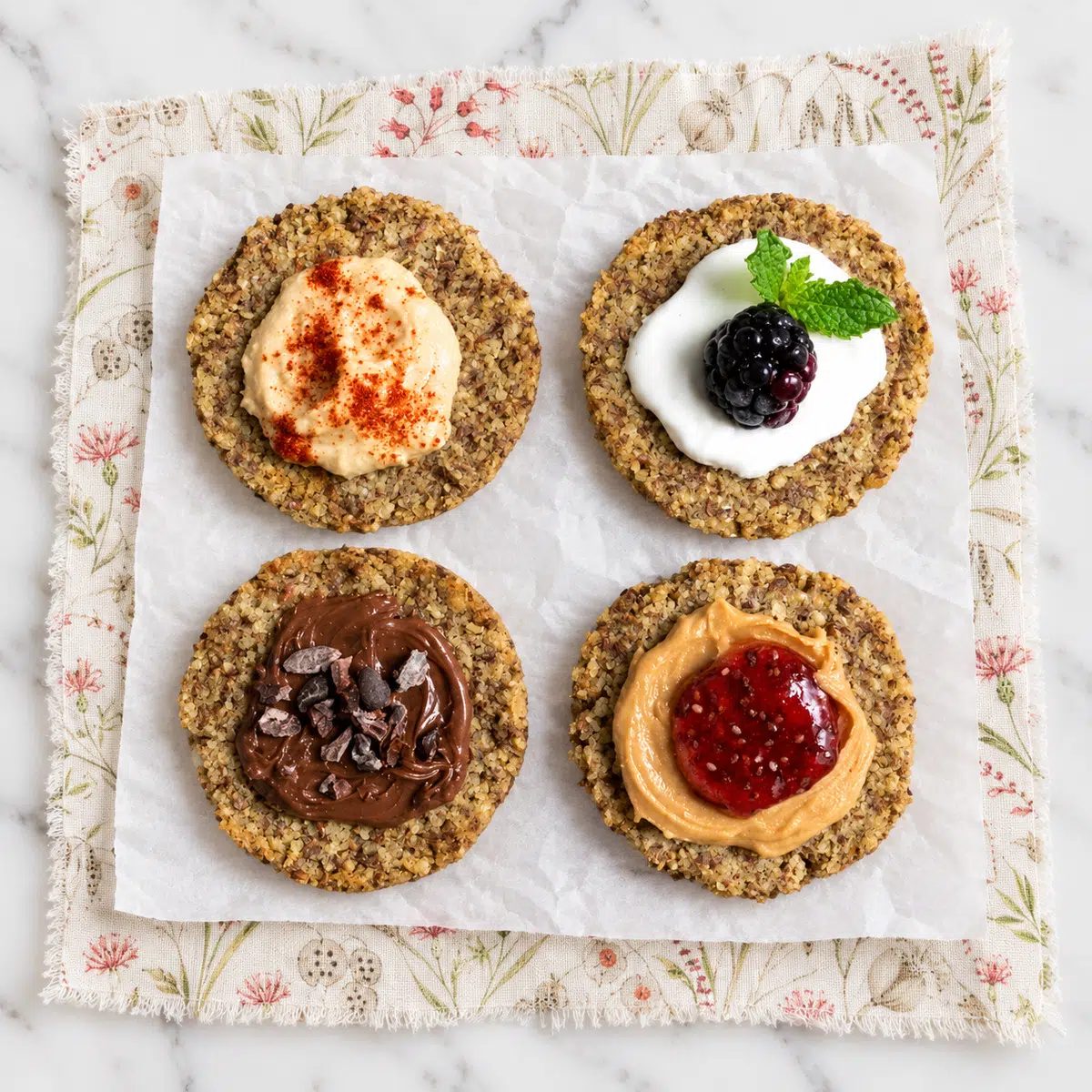quinoa flax mini breads with toppings