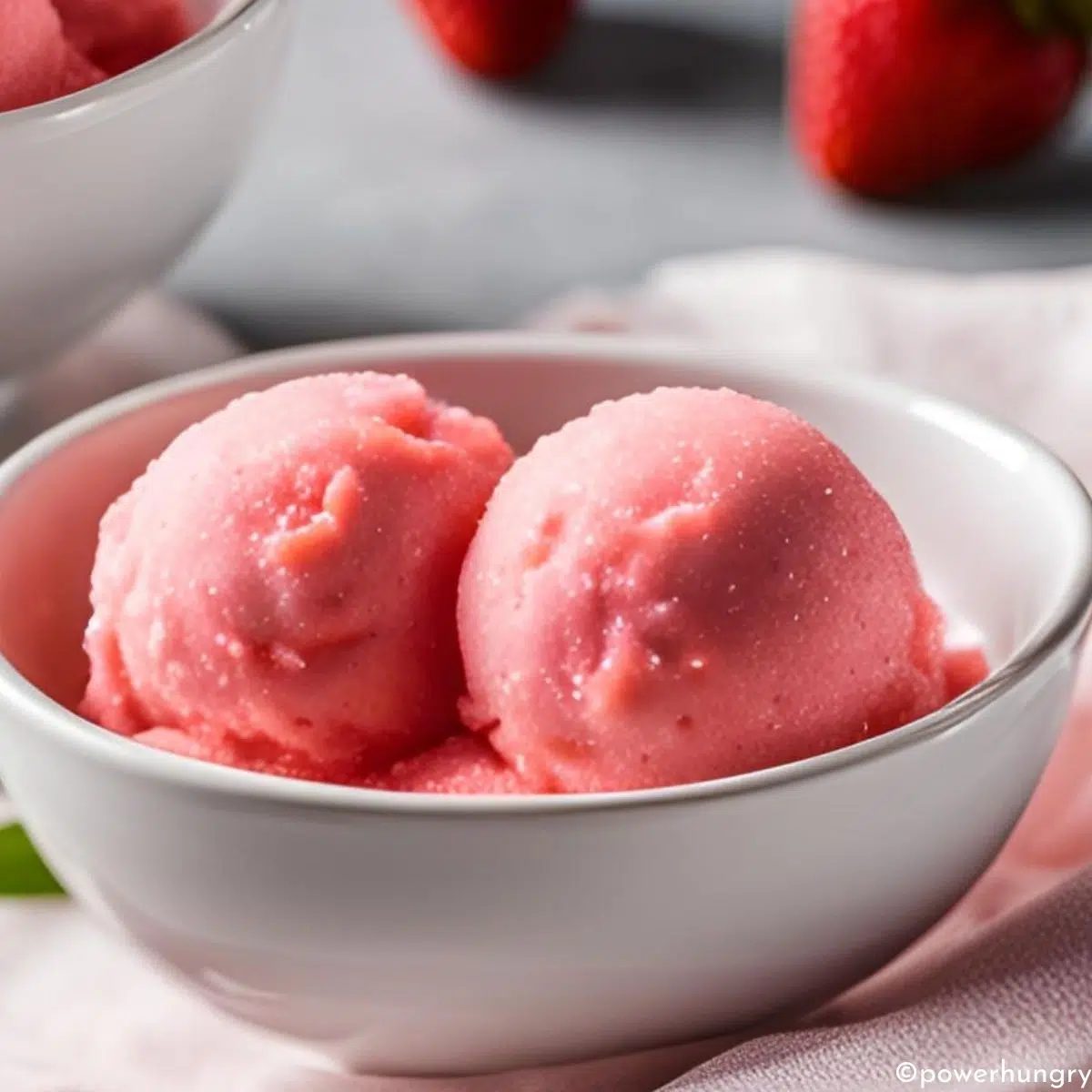 2 ingredient strawberry sorbet in a white bowl