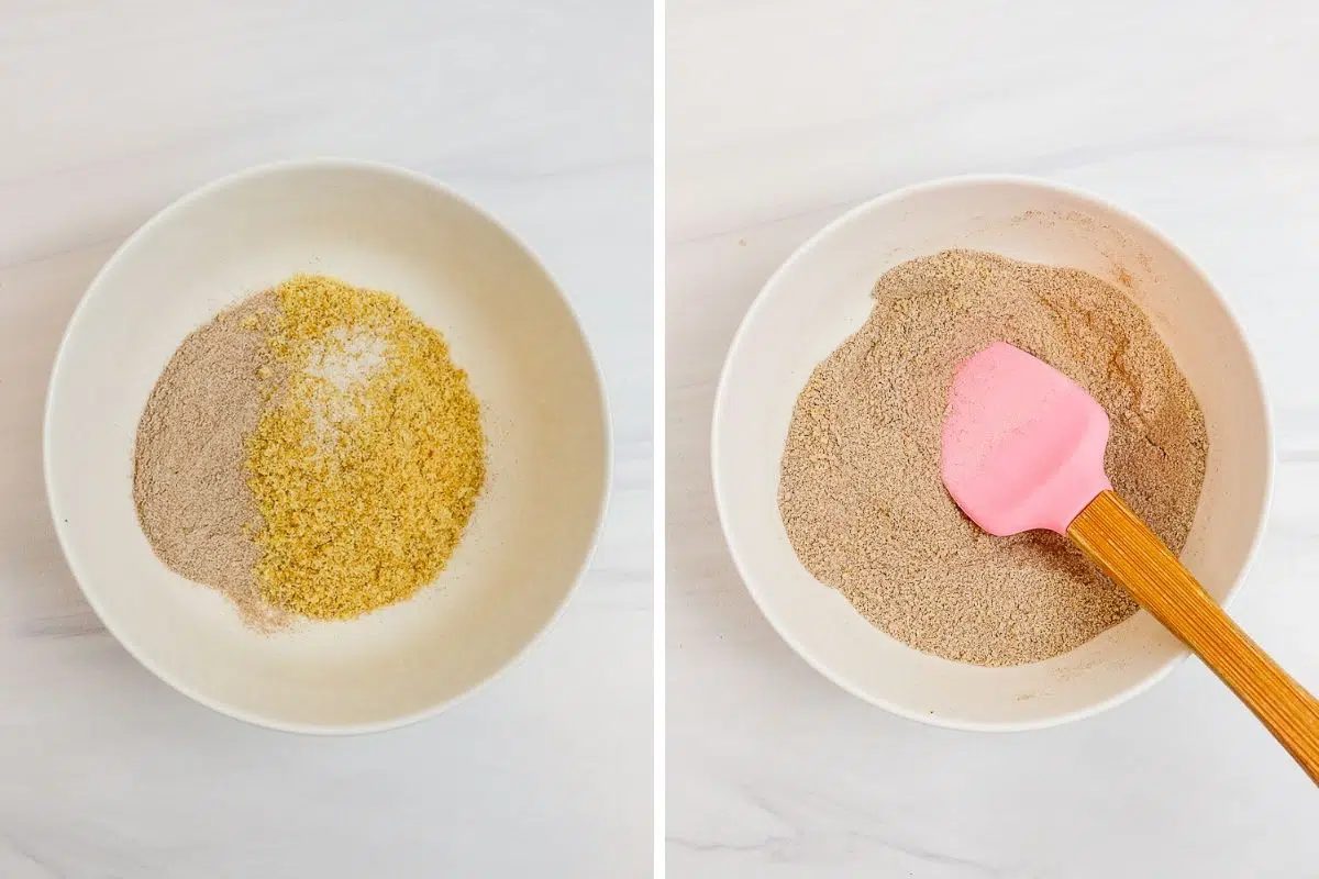 two photo collage showing teff naan dry ingredients in a white bowl