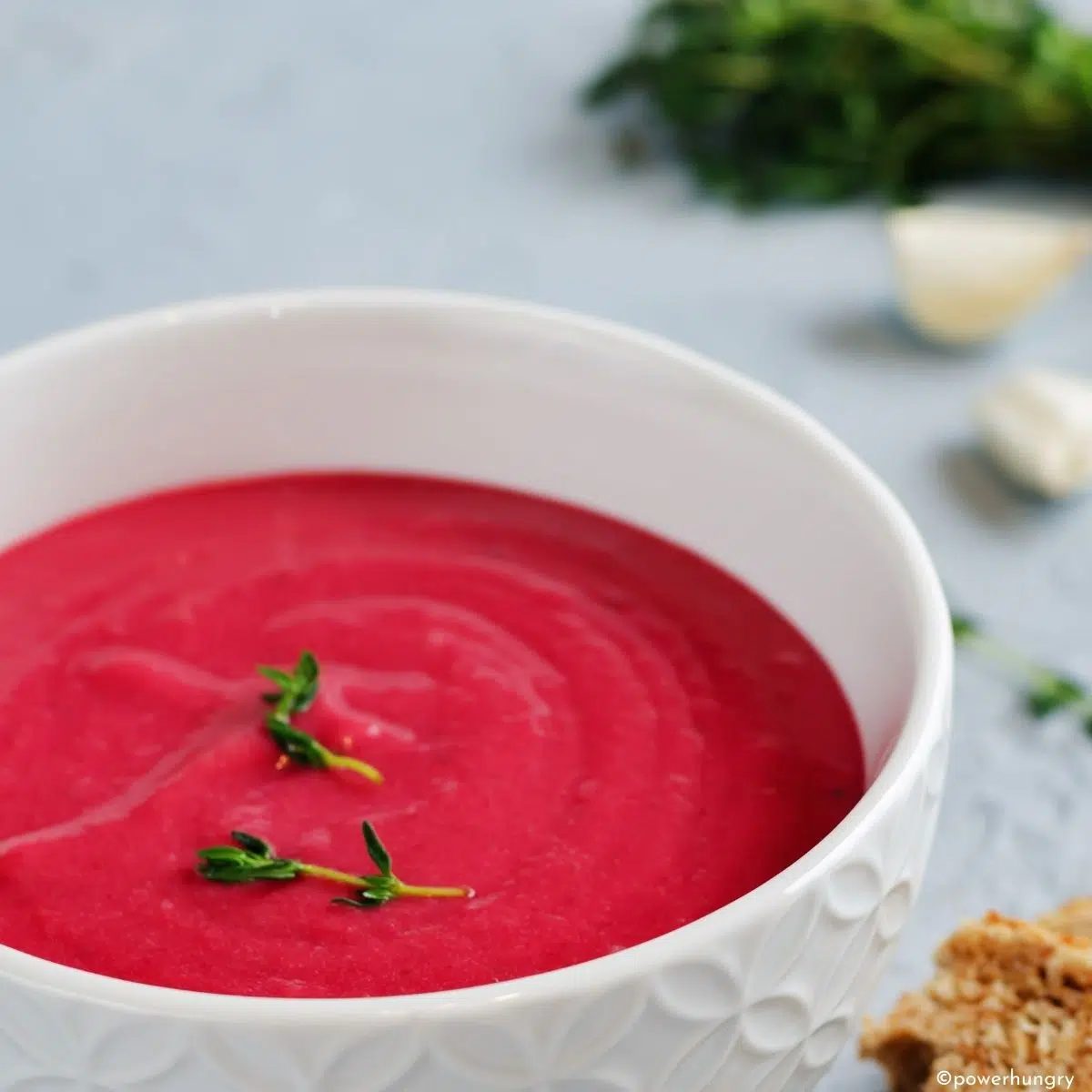 20 minutes creamy beet soup in a white bowl