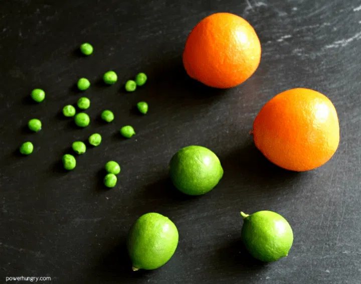 tangelos, frozen peas and limes