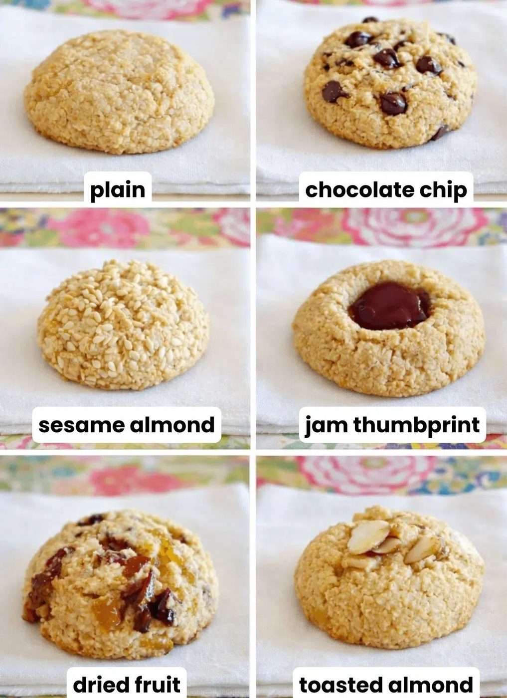 a collage of 6 photos of almond cookie variations