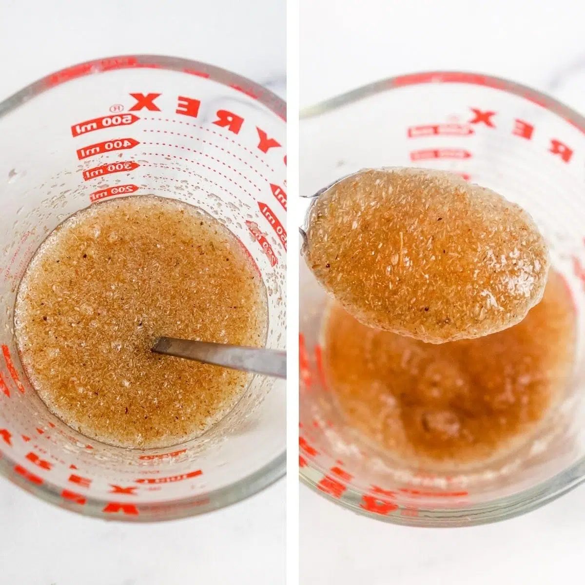 two photo collage showing a measuring cup filled with water and psyllium gel