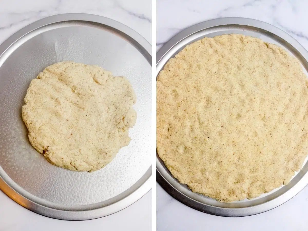 two photo collage of 3 ingredient almond flour pizza crust getting pressed out on a pan.